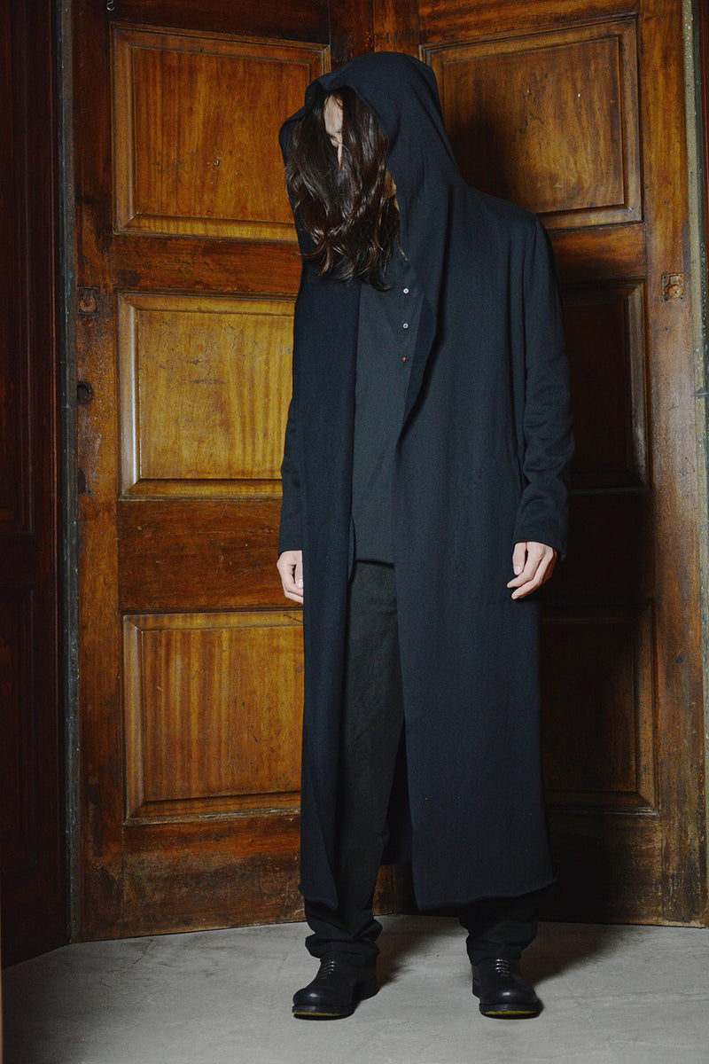 LONG HOODED CARDIGAN W/SLIT POCKET