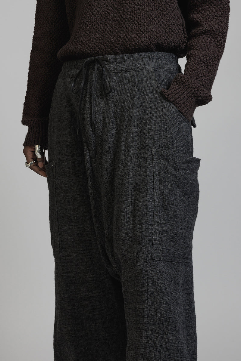 LINEN WOOL DROP CROTCH PANTS