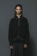 COTTON LINEN ZIP UP CARDIGAN-BLACK