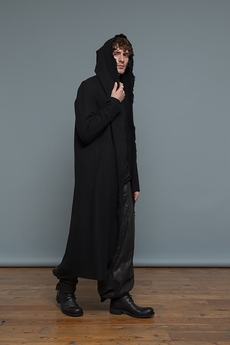 LONG HOODED CARDIGAN W/SLIT POCKET
