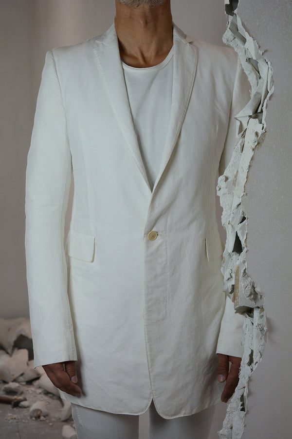 OBJECT DYED UNLINED, VISIBLE MELTLOCK, ELONGATED 2 BUTTON JACKET